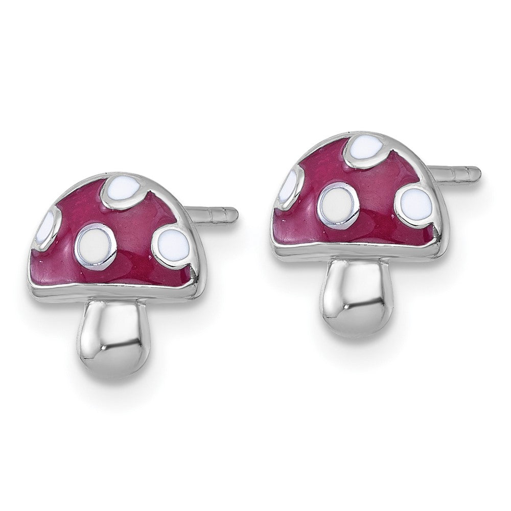 Sterling Silver RH-plated Polished Enameled Mushroom Post Earrings