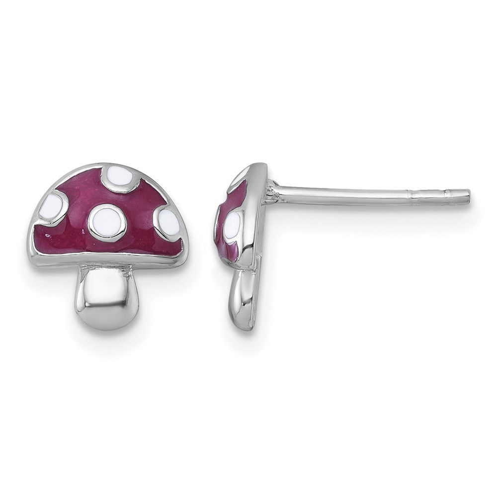 Sterling Silver RH-plated Polished Enameled Mushroom Post Earrings