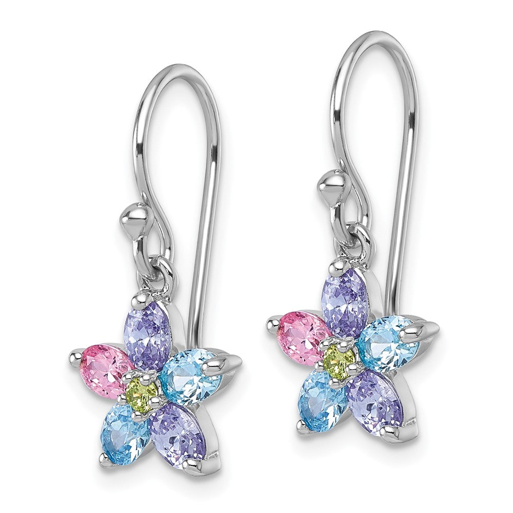 Sterling Silver Rh-plated Multi Color CZ Flower Dangle Earrings