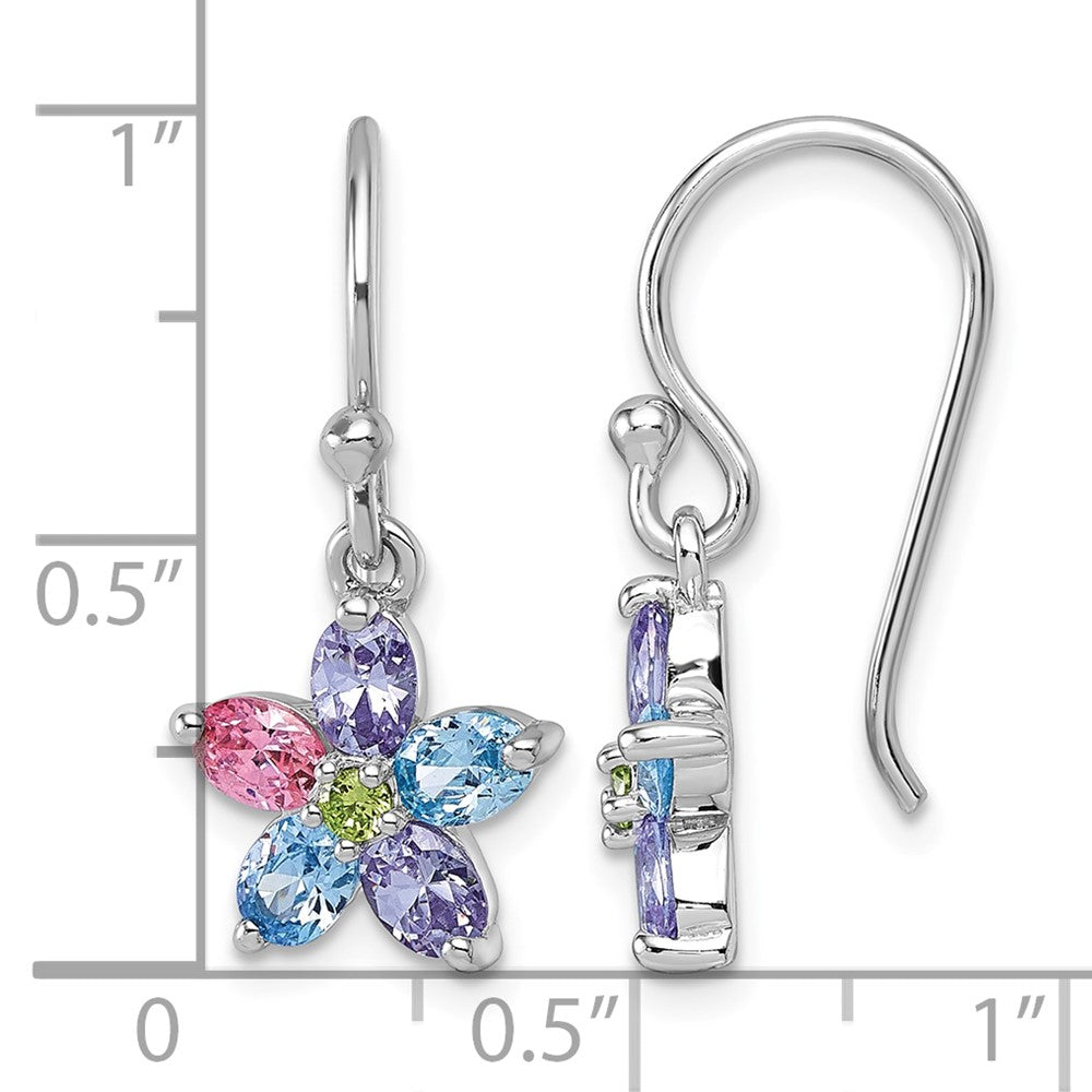 Sterling Silver Rh-plated Multi Color CZ Flower Dangle Earrings