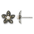 Sterling Silver Antiqued Marcasite FWC Pearl Fancy Flower Post Earrings