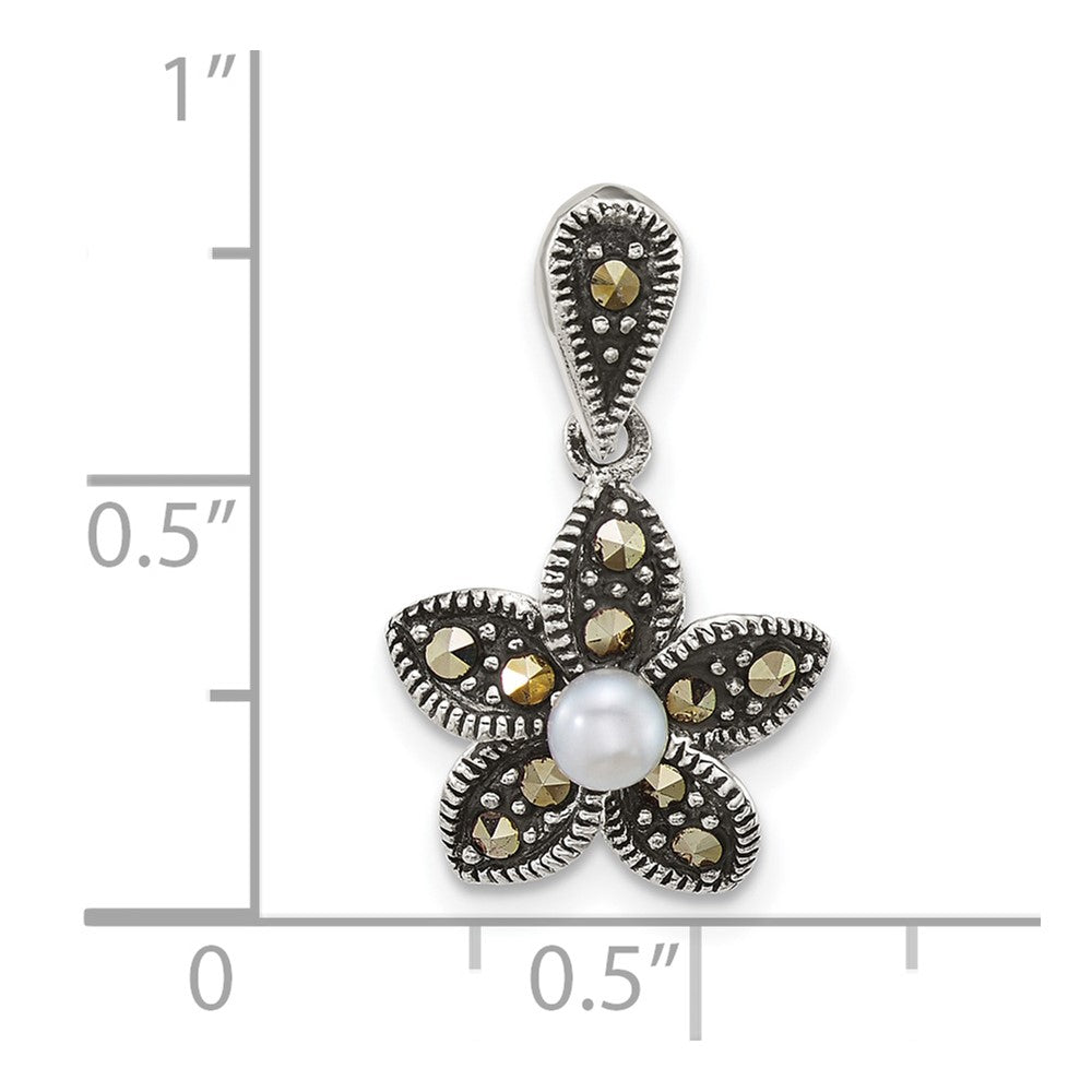 Sterling Silver Antiqued Marcasite FWC Pearl Fancy Flower Pendant