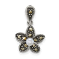 Sterling Silver Antiqued Marcasite FWC Pearl Fancy Flower Pendant
