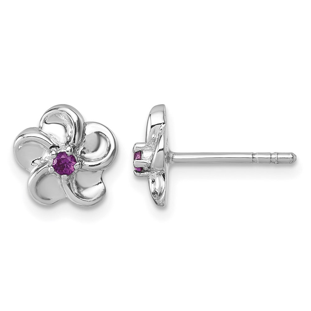 Sterling Silver Rhodium-plated Red CZ Flower Post Earrings