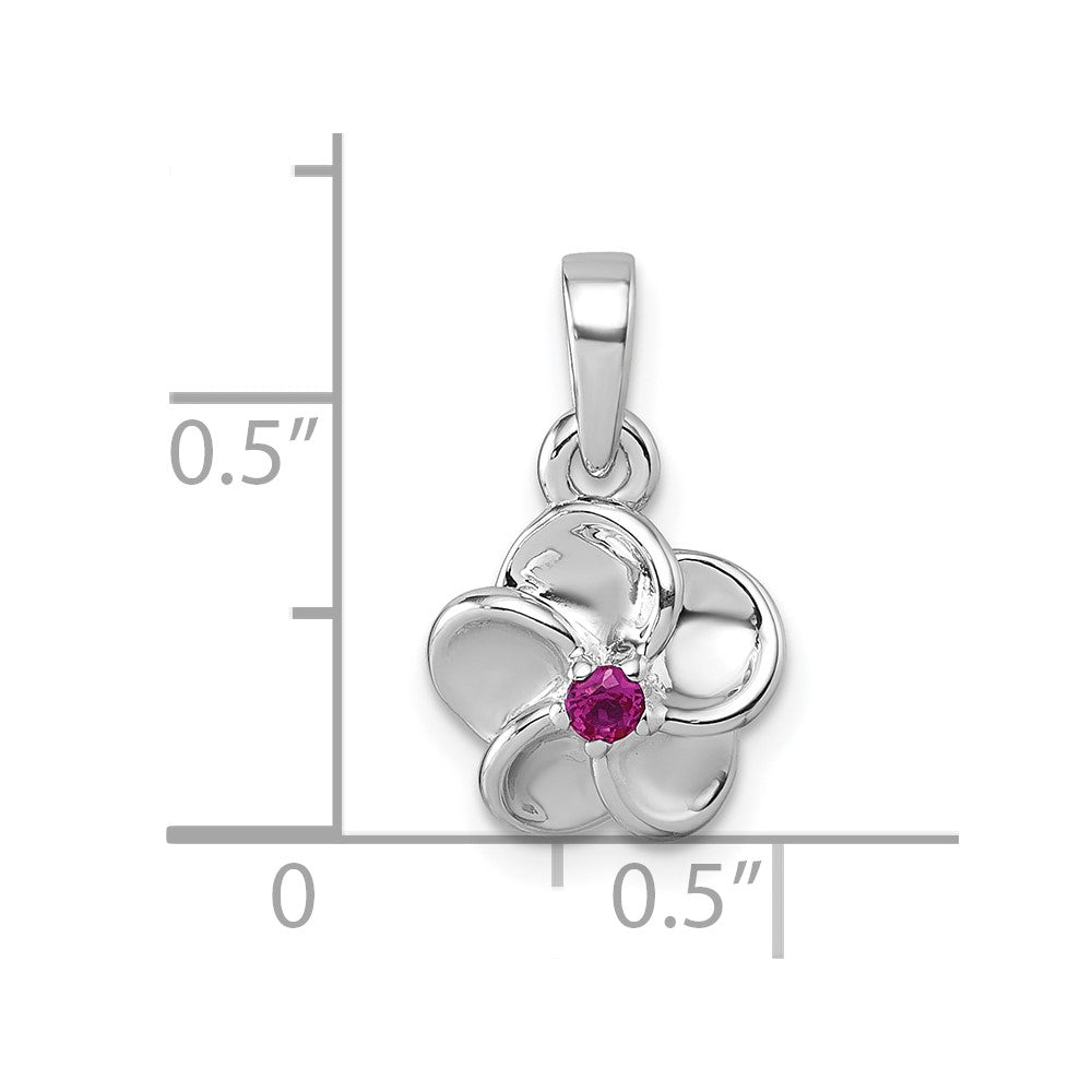 Sterling Silver Rhodium-plated Red CZ Flower Pendant