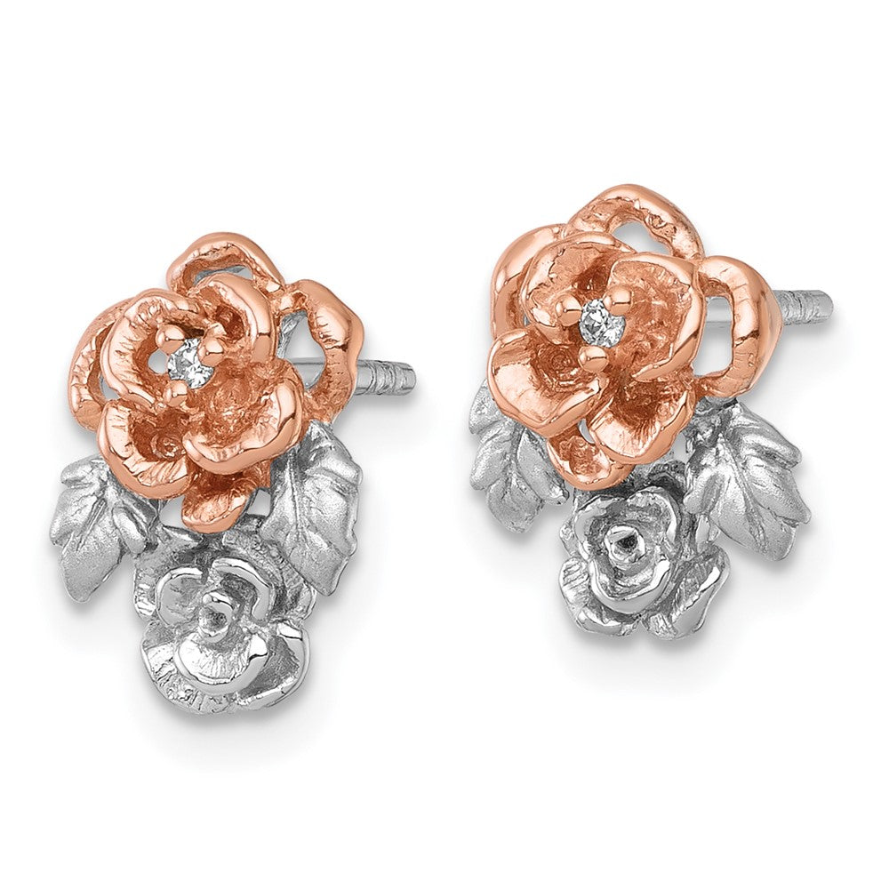 Sterling Silver Rhodium and Rose Gold-plated Flower Post Earrings