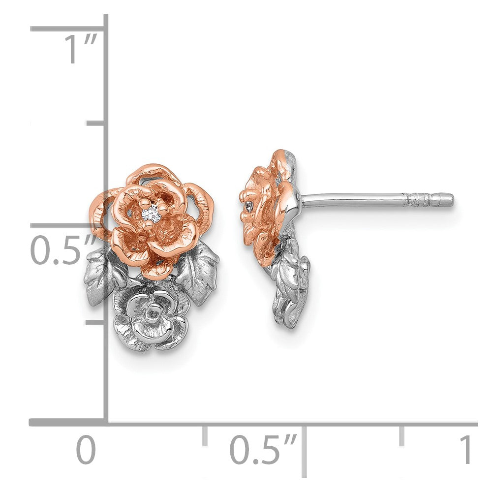 Sterling Silver Rhodium and Rose Gold-plated Flower Post Earrings