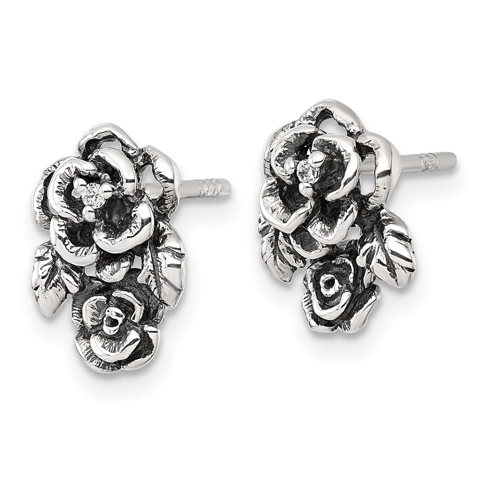 Sterling Silver Antiqued Polished CZ Flower Post Earrings
