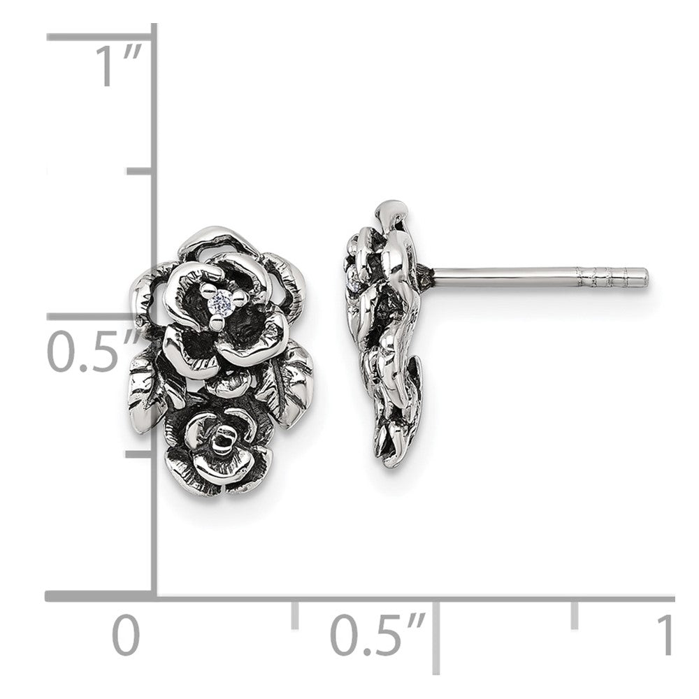Sterling Silver Antiqued Polished CZ Flower Post Earrings