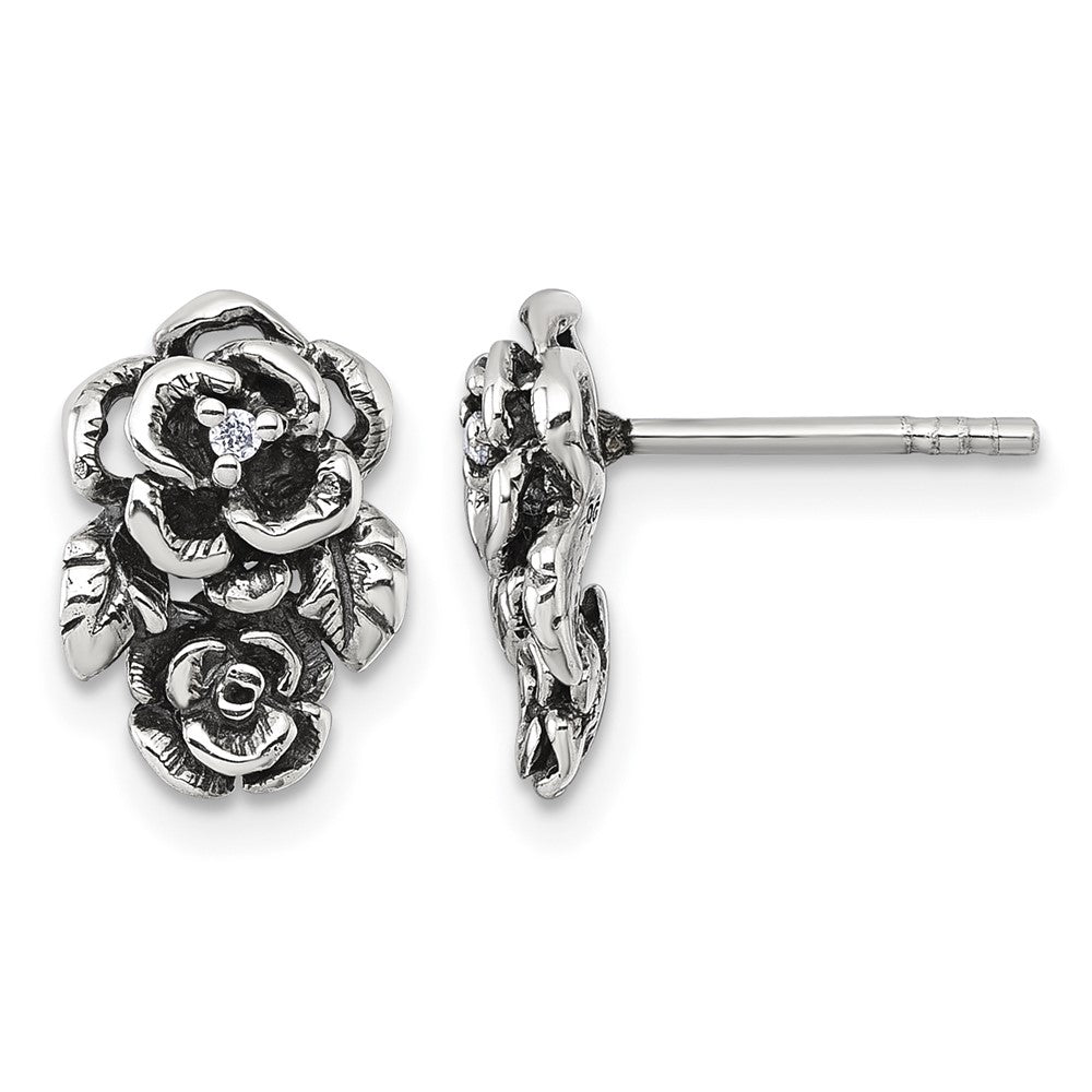 Sterling Silver Antiqued Polished CZ Flower Post Earrings