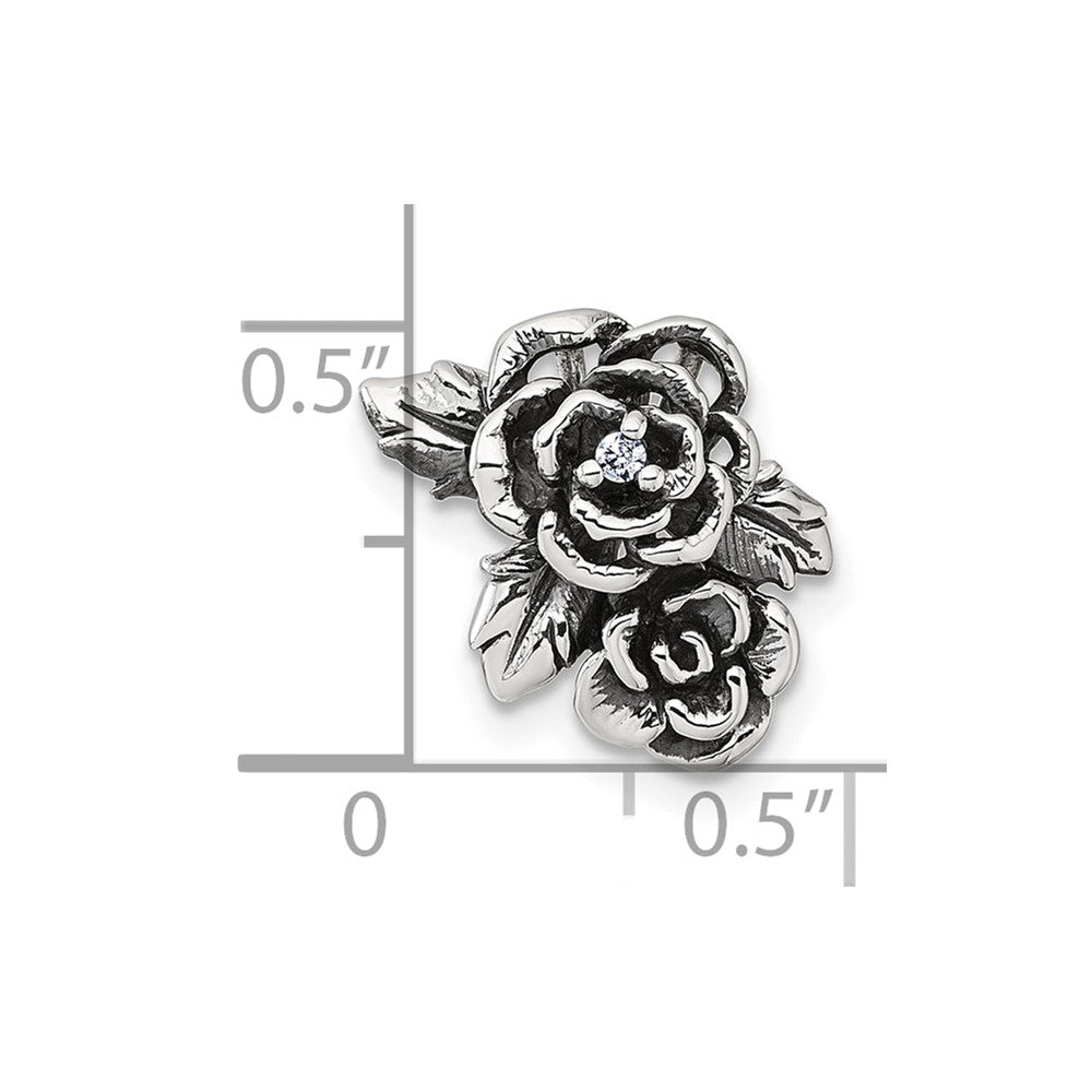 Sterling Silver Antiqued/Polished CZ Flower Chain Slide Pendant