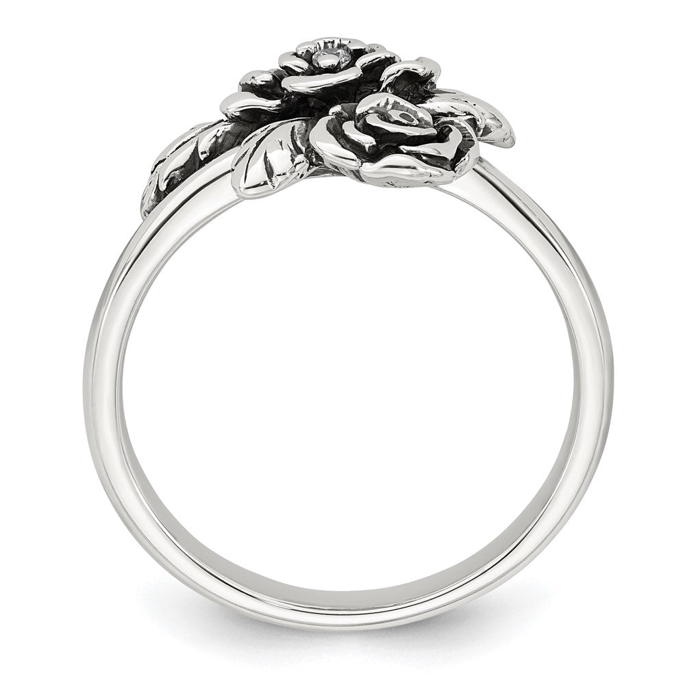 Sterling Silver Antiqued Polished CZ Flower Ring