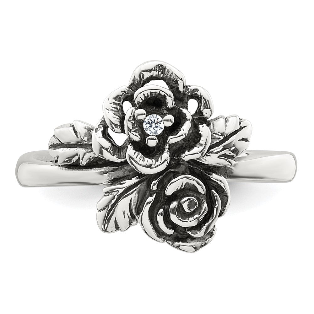 Sterling Silver Antiqued Polished CZ Flower Ring