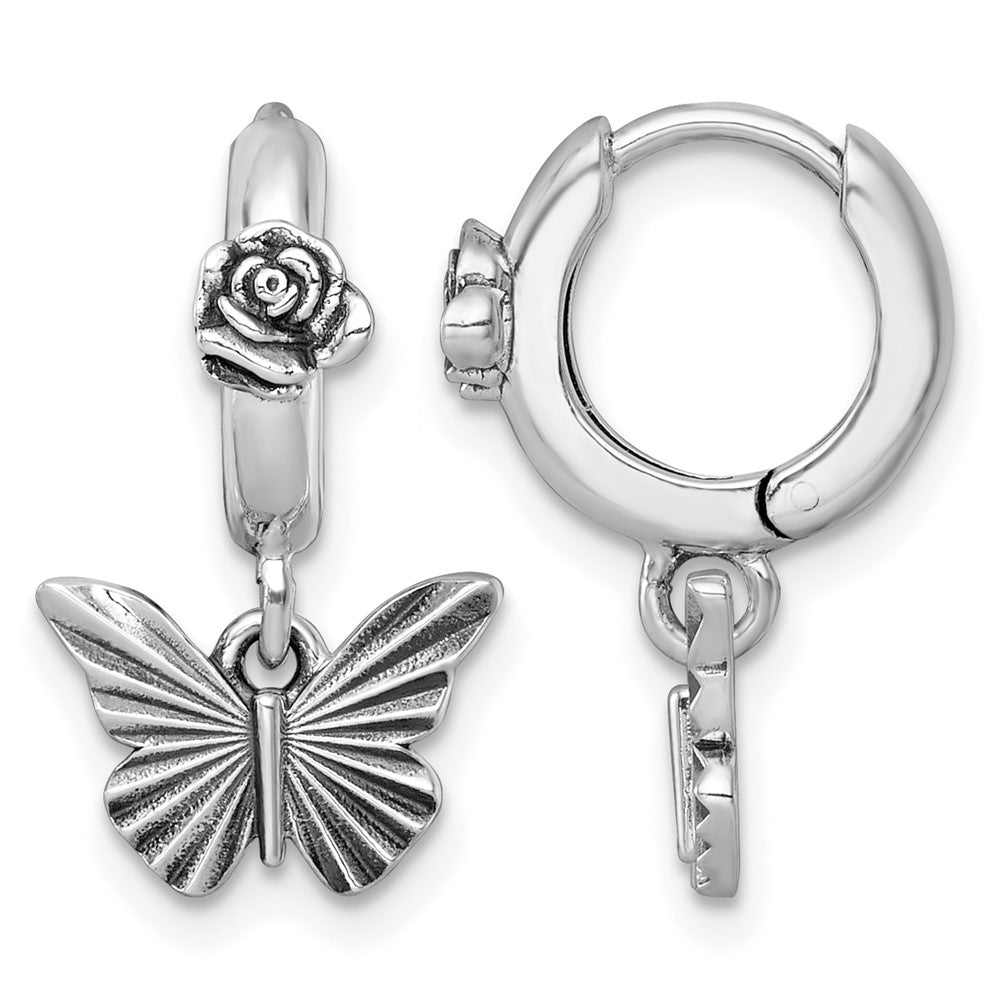 Sterling Silver Antiqued Butterfly With Flower Hoop Earrings