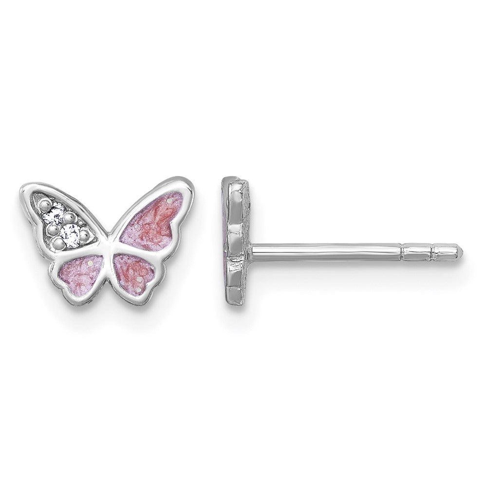 Sterling Silver Rhodium-plated CZ Enamel Pink Butterfly Post Earrings
