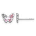 Sterling Silver Rhodium-plated CZ Enamel Pink Butterfly Post Earrings