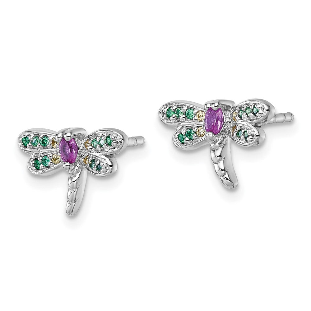 Sterling Silver Rh-plated Multi Color CZ Dragonfly Post Earrings