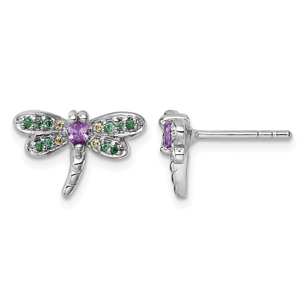 Sterling Silver Rh-plated Multi Color CZ Dragonfly Post Earrings