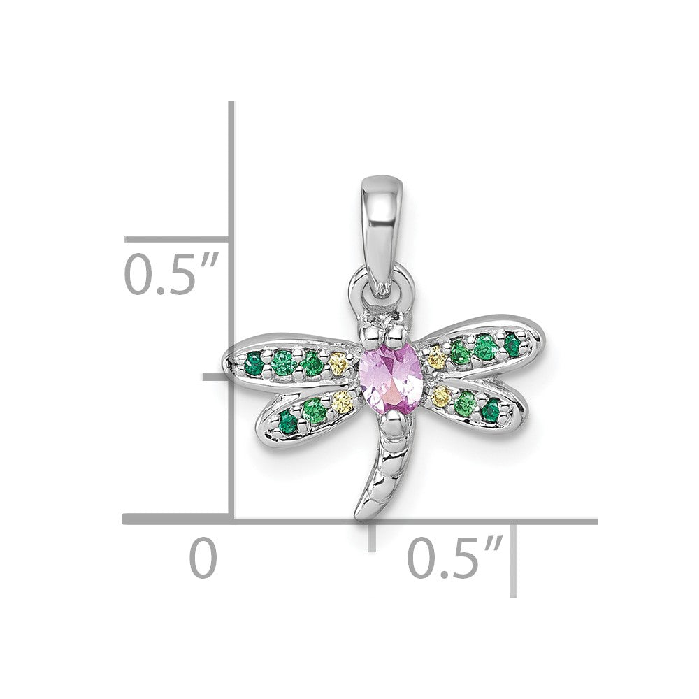 Sterling Silver Rhodium-plated Multi Color CZ Dragonfly Pendant
