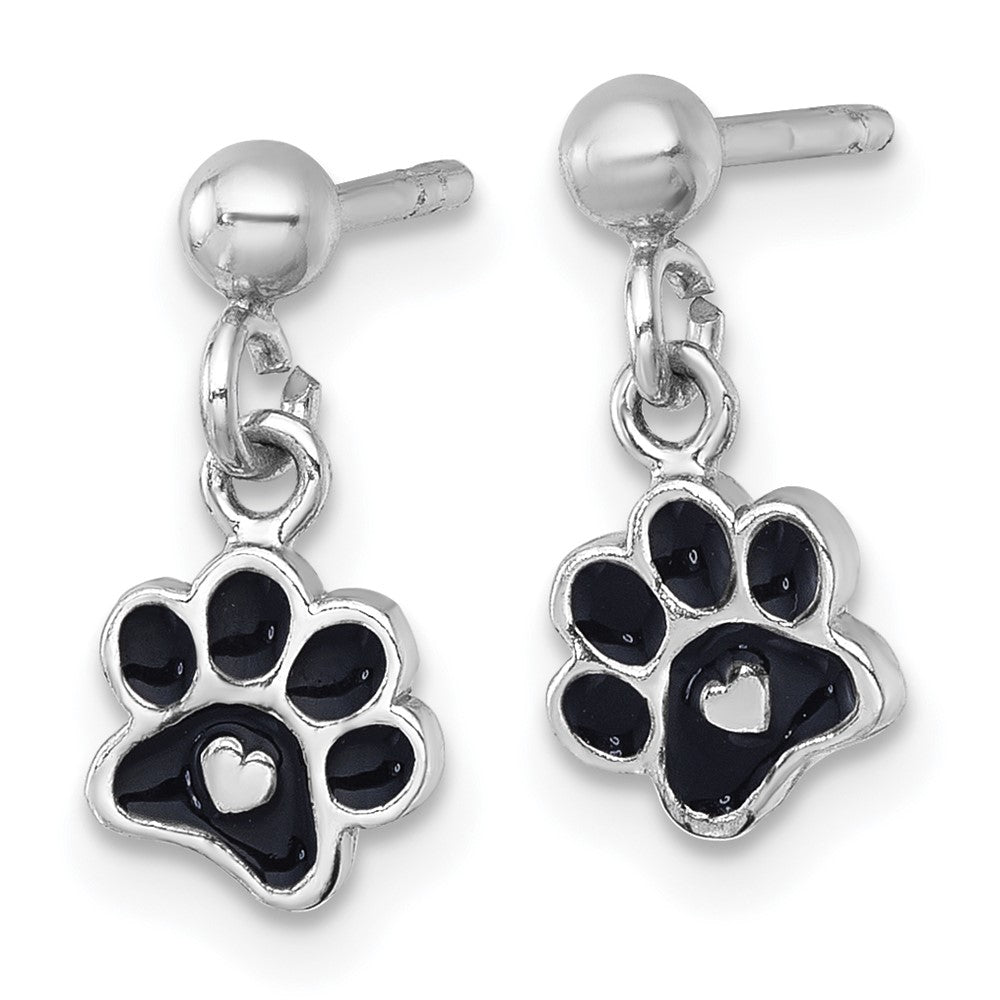 Sterling Silver RH-plt Enamel Black Paw Print w/ Heart Dangle Post Earrings