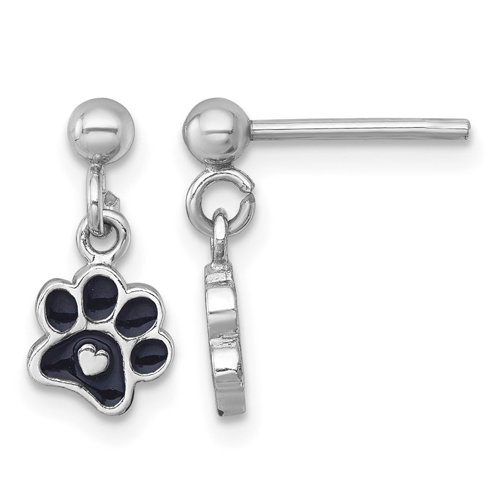 Sterling Silver RH-plt Enamel Black Paw Print w/ Heart Dangle Post Earrings