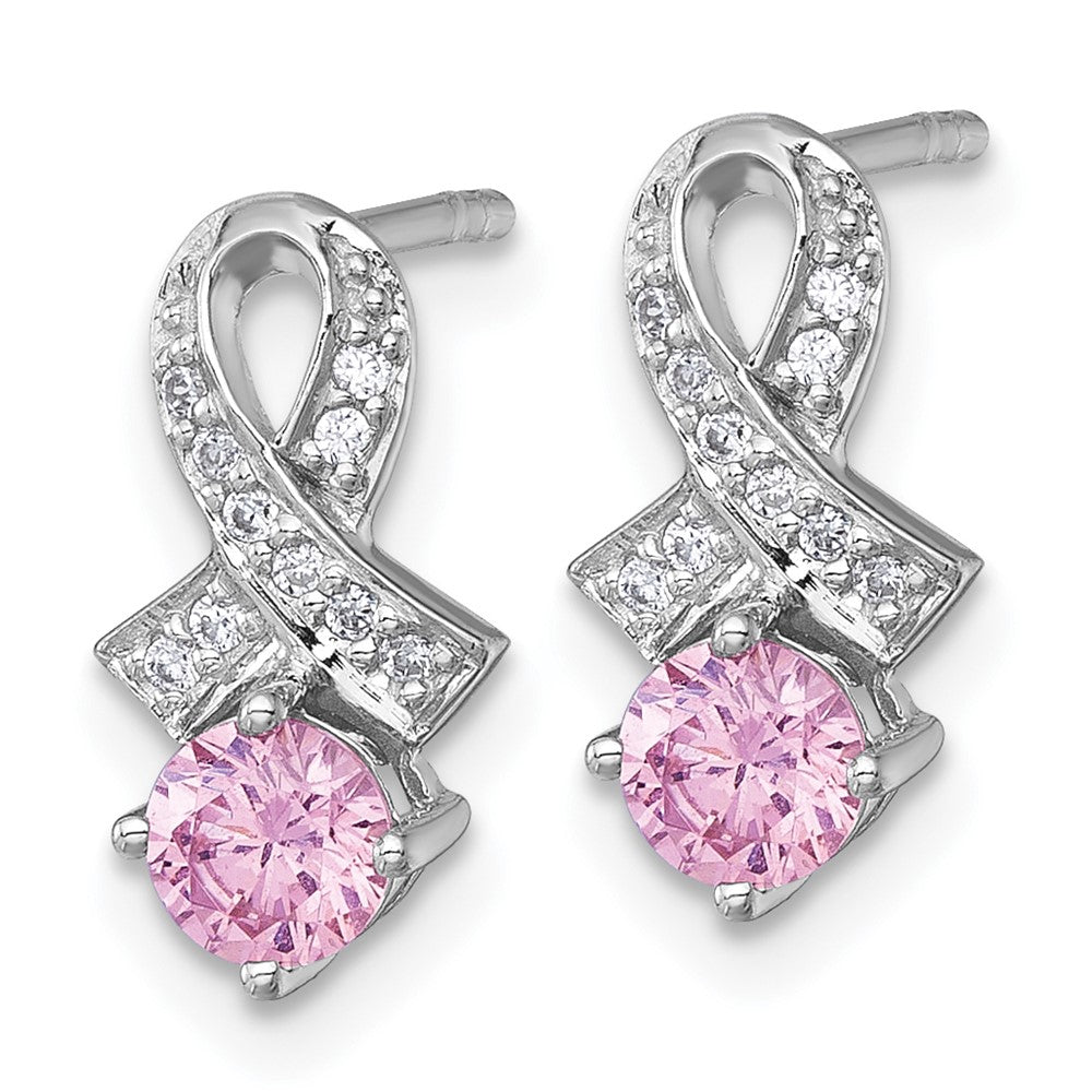 SS RH-pltd Polish Pink & White CZ Awareness Ribbon Post Earrings