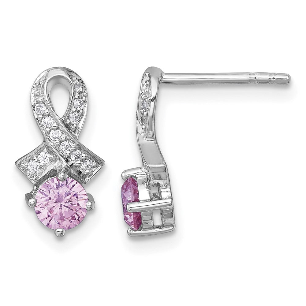 SS RH-pltd Polish Pink & White CZ Awareness Ribbon Post Earrings