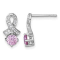 SS RH-pltd Polish Pink & White CZ Awareness Ribbon Post Earrings