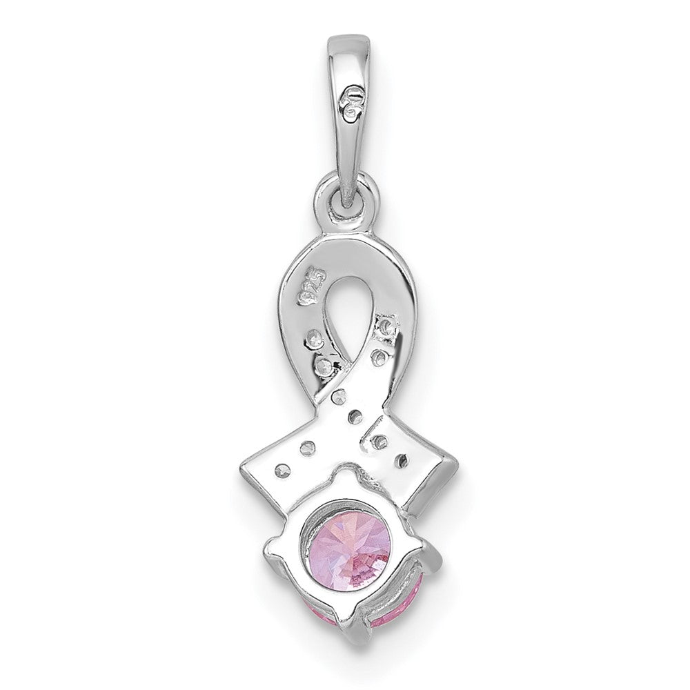SS RH-plated Polished Pink & White CZ Awareness Ribbon Pendant