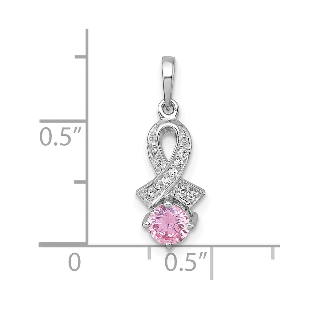 SS RH-plated Polished Pink & White CZ Awareness Ribbon Pendant