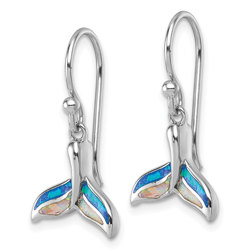 Sterling Silver Rh-plated Created Opal Whale Tail Dangle Earrings