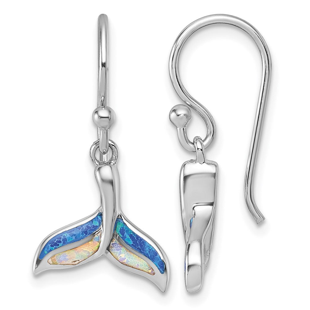 Sterling Silver Rh-plated Created Opal Whale Tail Dangle Earrings