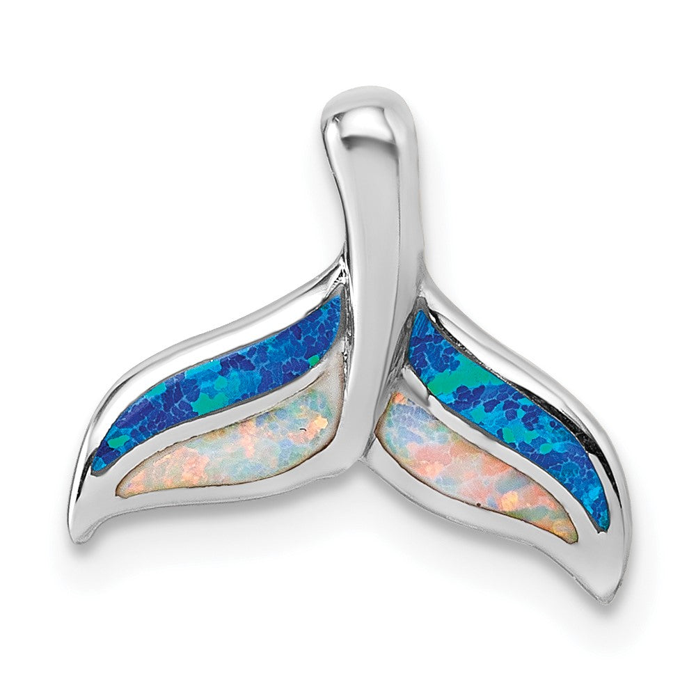 Sterling Silver RH-plated Created Opal Whale Tail Chain Slide Pendant