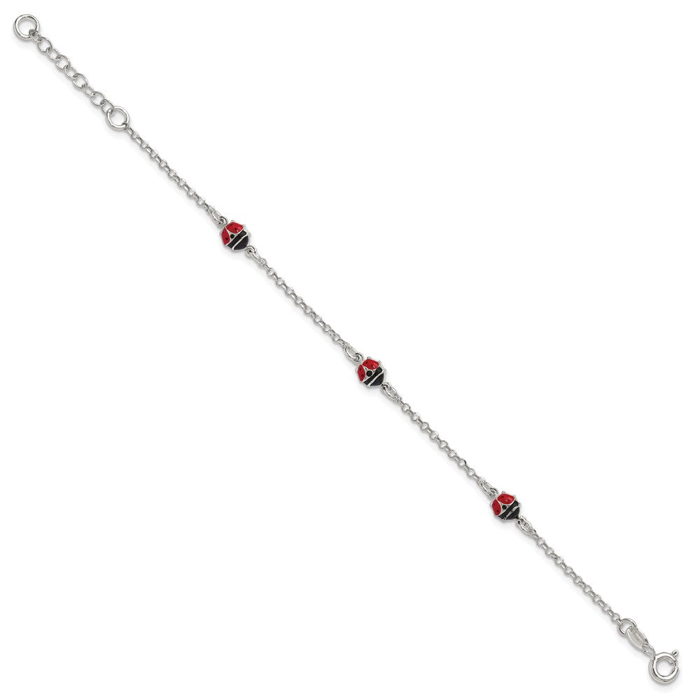 Sterling Silver Polished Enameled Ladybug 6in w/1in ext Children's Bracelet