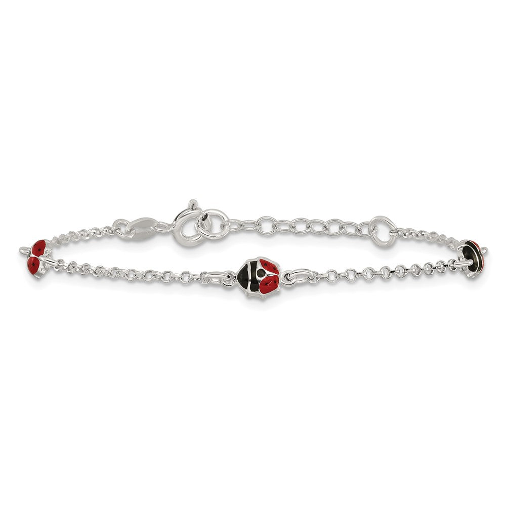 Sterling Silver Polished Enameled Ladybug 6in w/1in ext Children's Bracelet