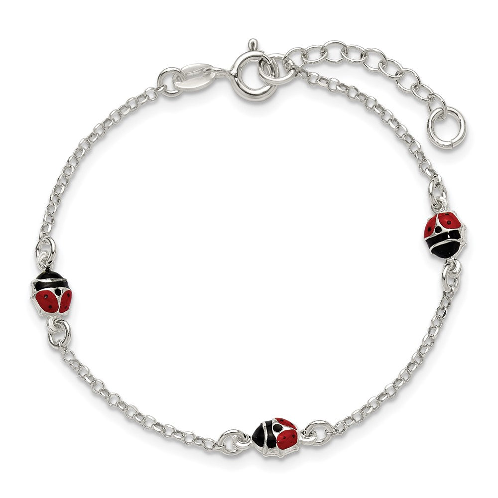 Sterling Silver Polished Enameled Ladybug 6in w/1in ext Children's Bracelet