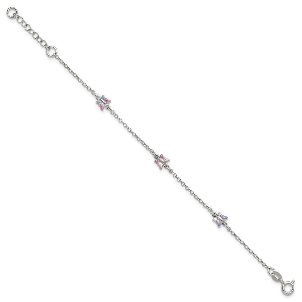 Sterling Silver Polished Enamel Butterfly 6in w/1in ext Children's Bracelet