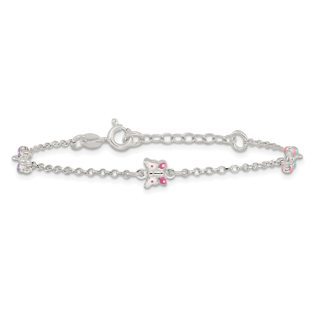 Sterling Silver Polished Enamel Butterfly 6in w/1in ext Children's Bracelet