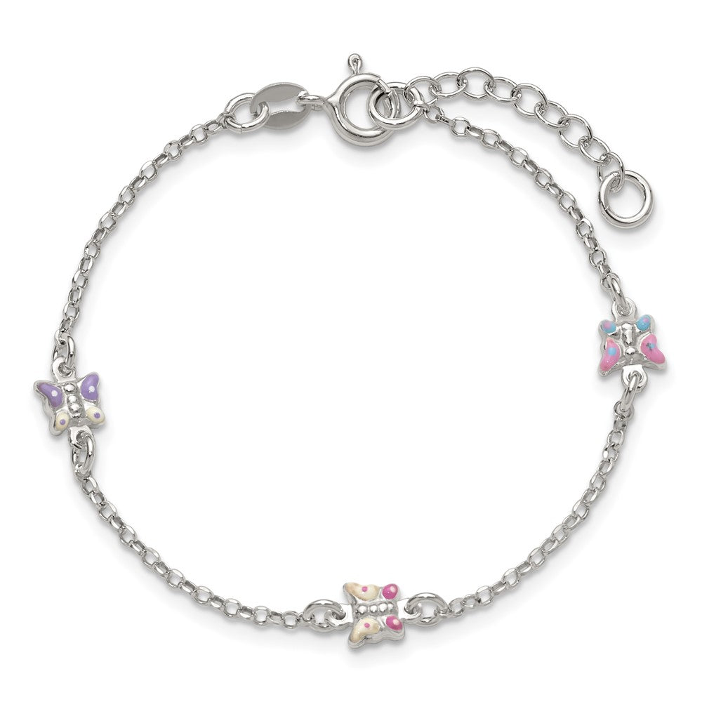 Sterling Silver Polished Enamel Butterfly 6in w/1in ext Children's Bracelet