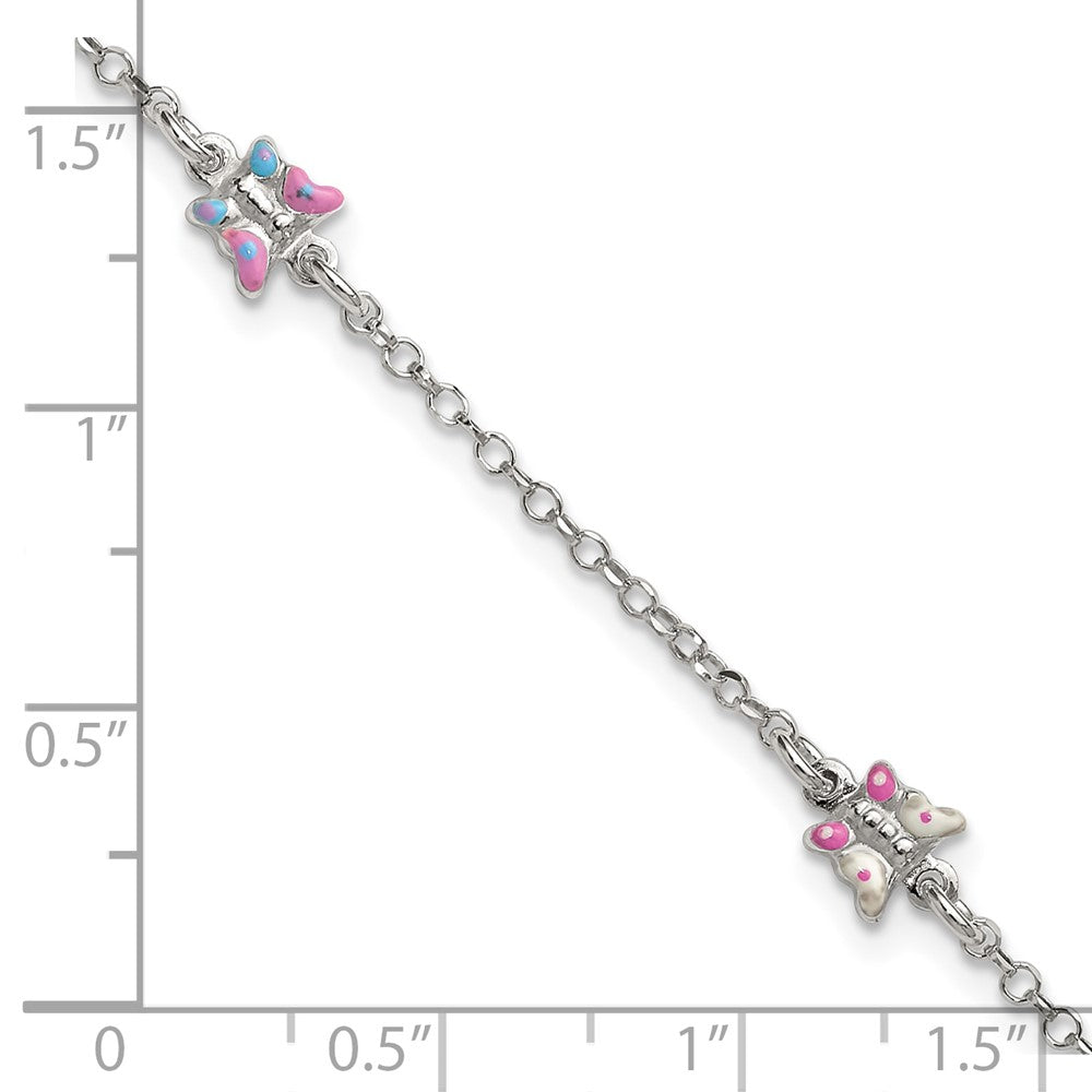Sterling Silver Polished Enamel Butterfly 6in w/1in ext Children's Bracelet