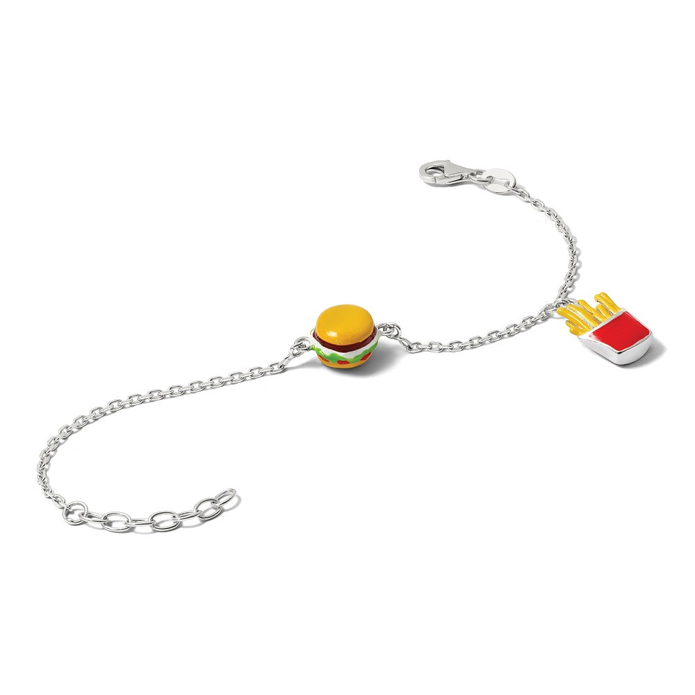 Sterling Silver Enameled Burger and Fries w/ 1in Ext Children's Bracelet