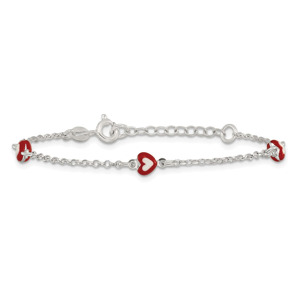 Sterling Silver Polished Enameled Heart 6in w/1in ext Children's Bracelet