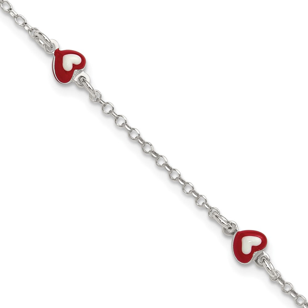 Sterling Silver Polished Enameled Heart 6in w/1in ext Children's Bracelet