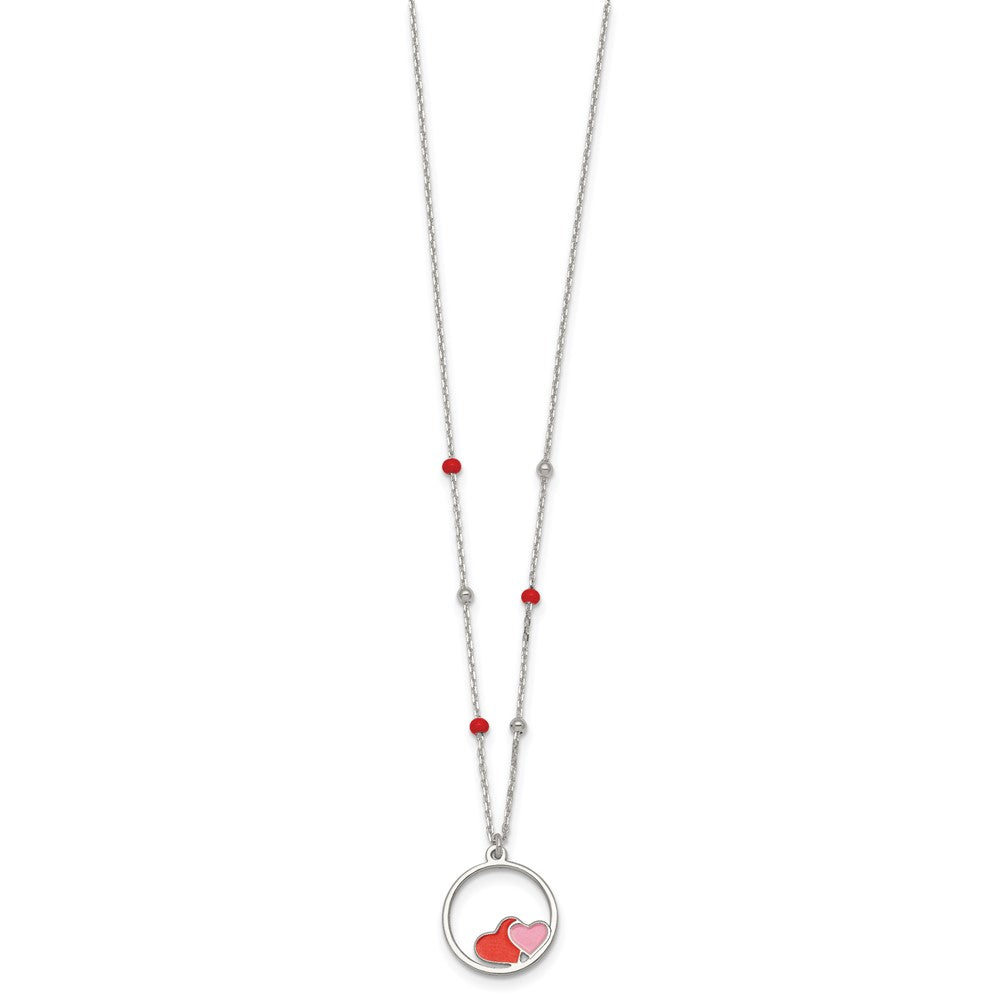 Sterling Silver Polished Beaded Enamel Hearts Circle 14 Inch Necklace