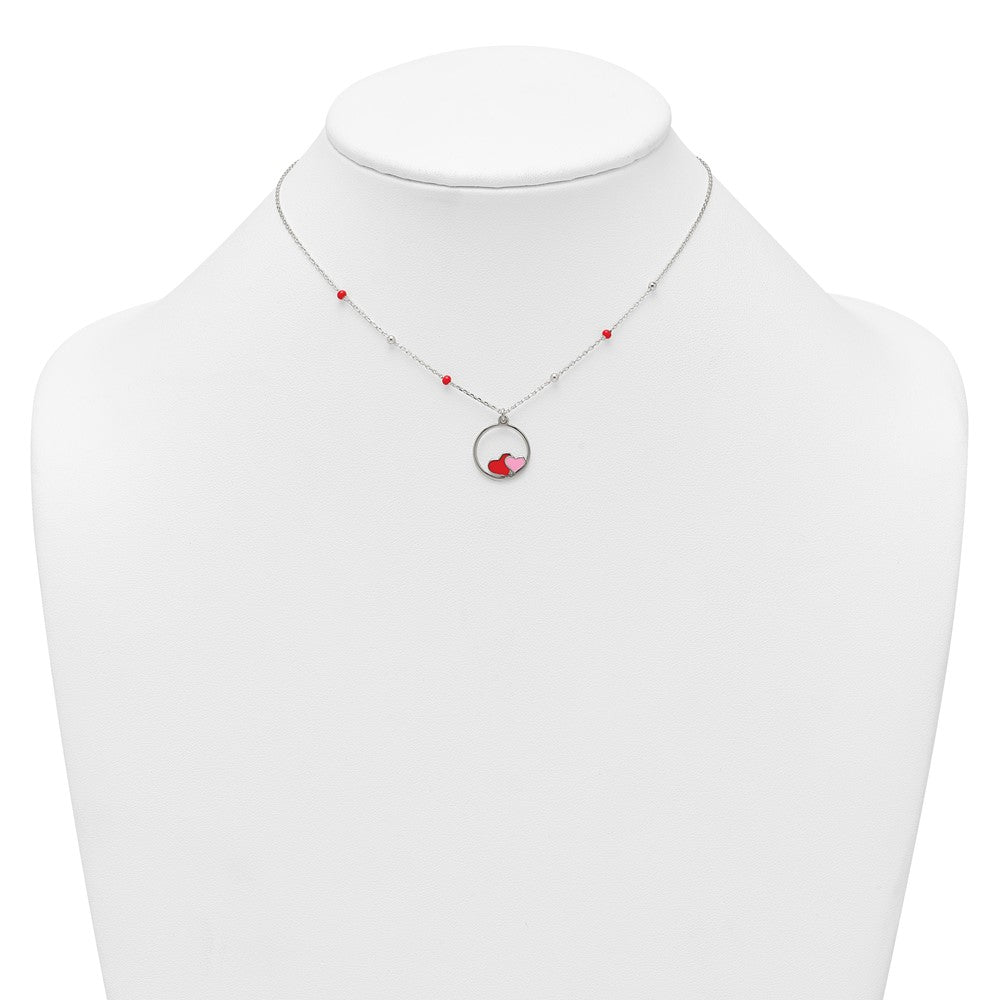 Sterling Silver Polished Beaded Enamel Hearts Circle 14 Inch Necklace