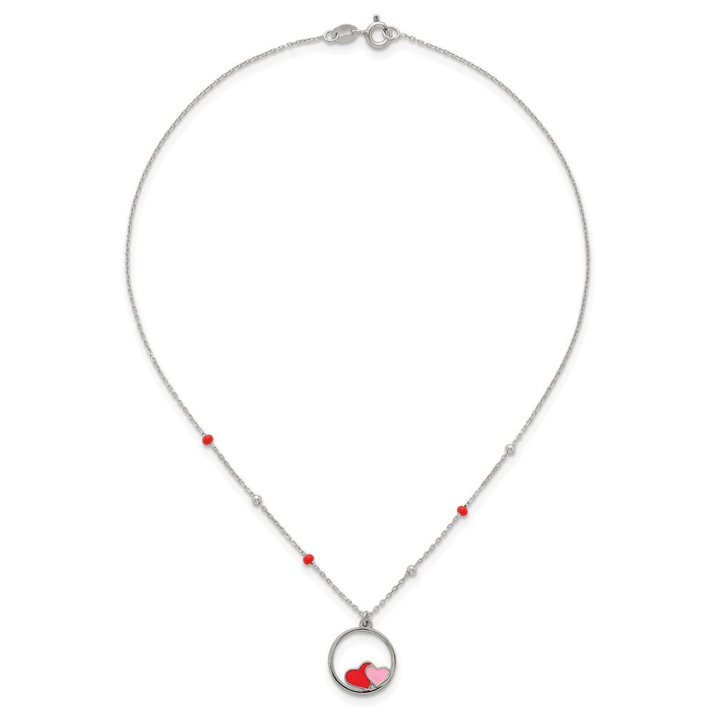 Sterling Silver Polished Beaded Enamel Hearts Circle 14 Inch Necklace