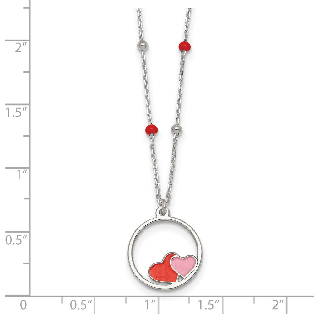 Sterling Silver Polished Beaded Enamel Hearts Circle 14 Inch Necklace
