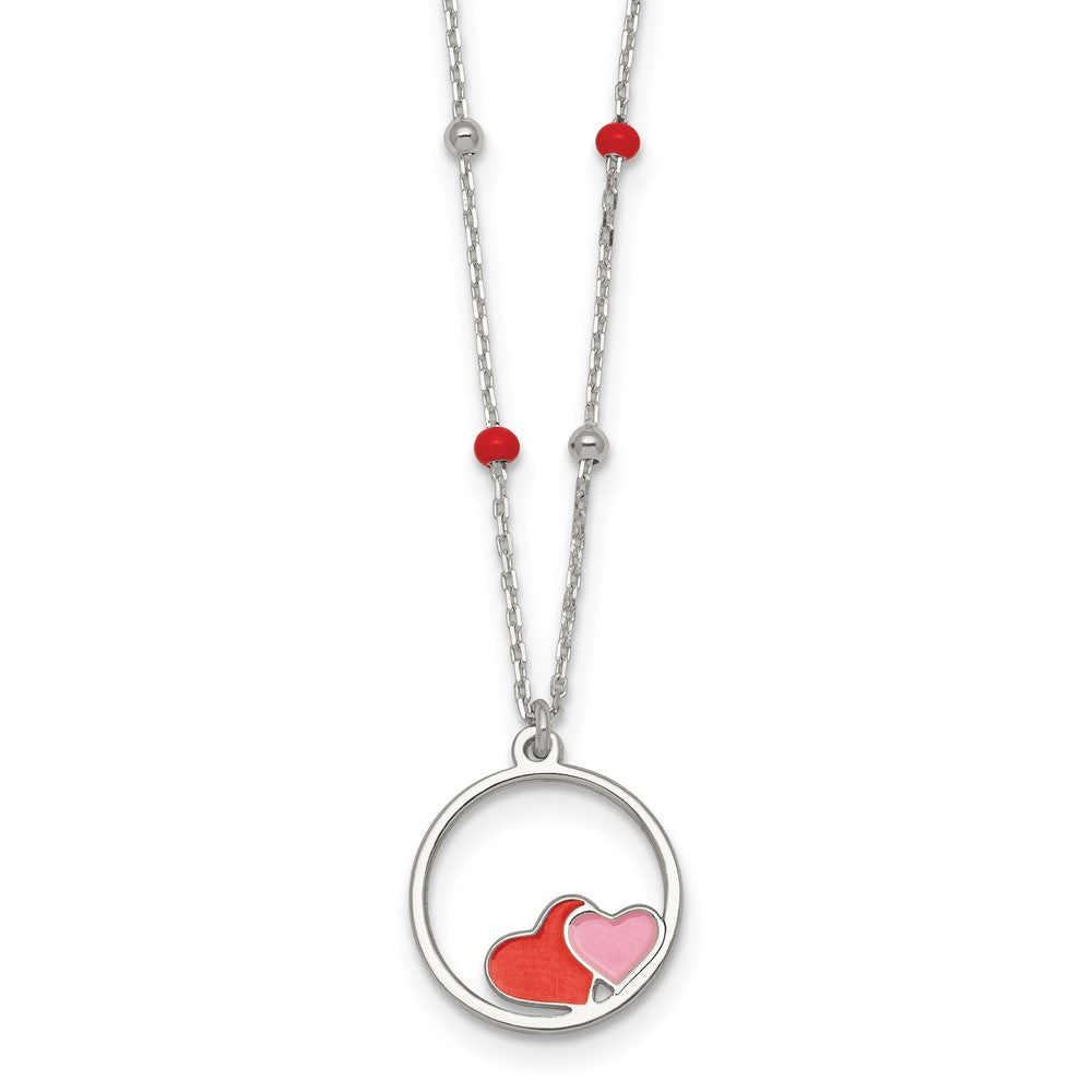 Sterling Silver Polished Beaded Enamel Hearts Circle 14 Inch Necklace