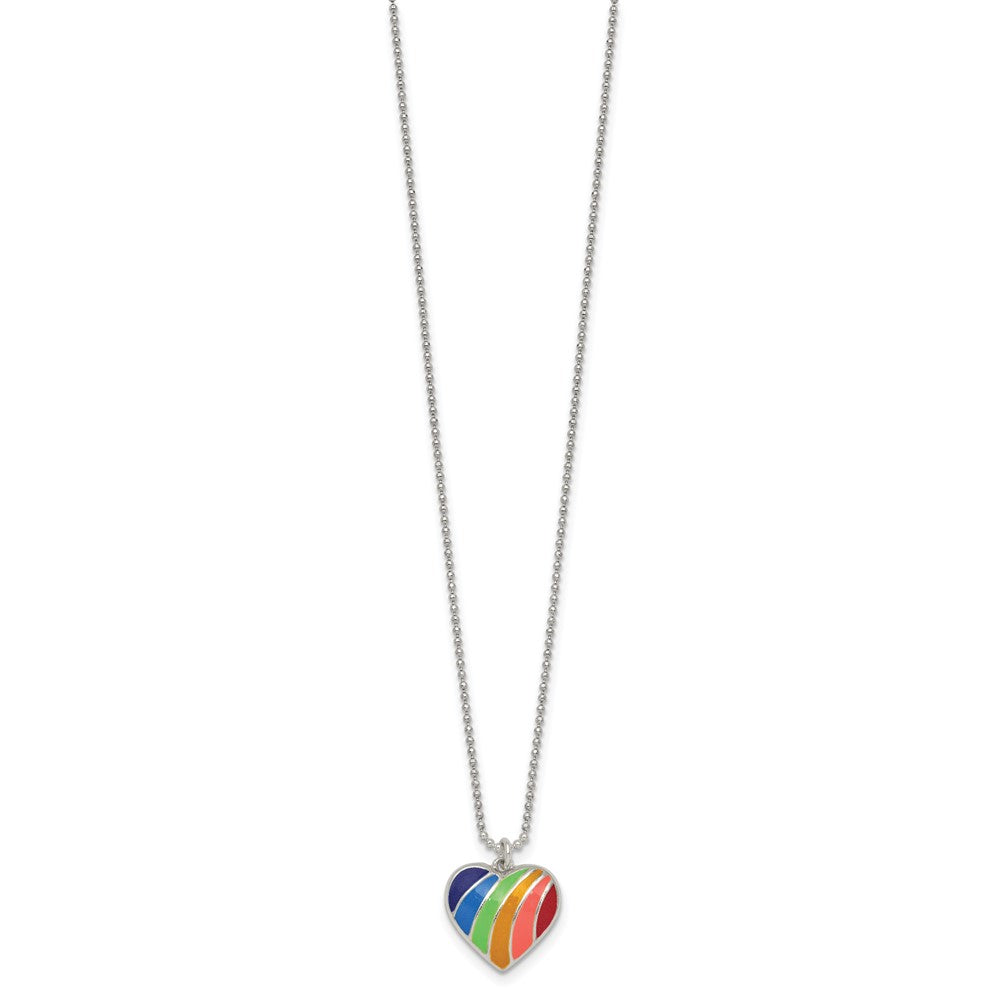 Sterling Silver Polished Enameled Rainbow Heart 16 inch Necklace