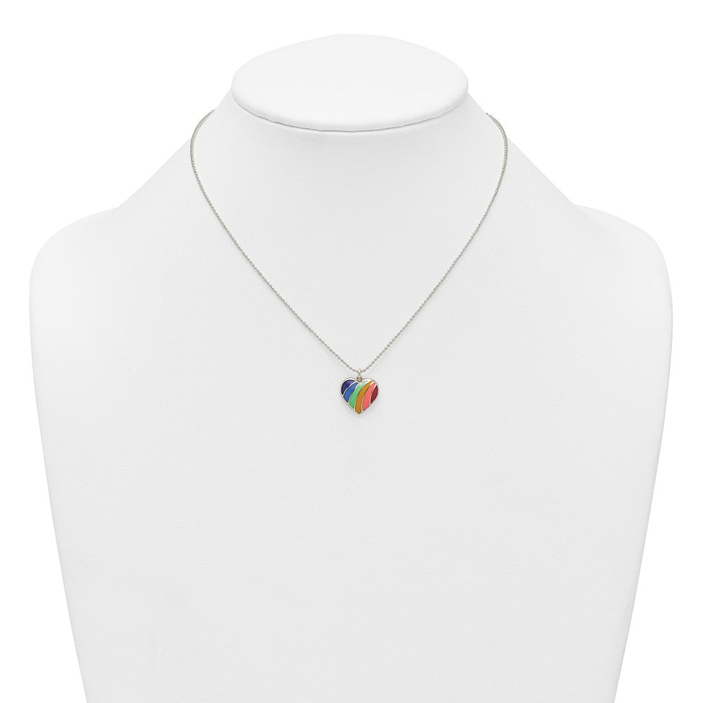 Sterling Silver Polished Enameled Rainbow Heart 16 inch Necklace